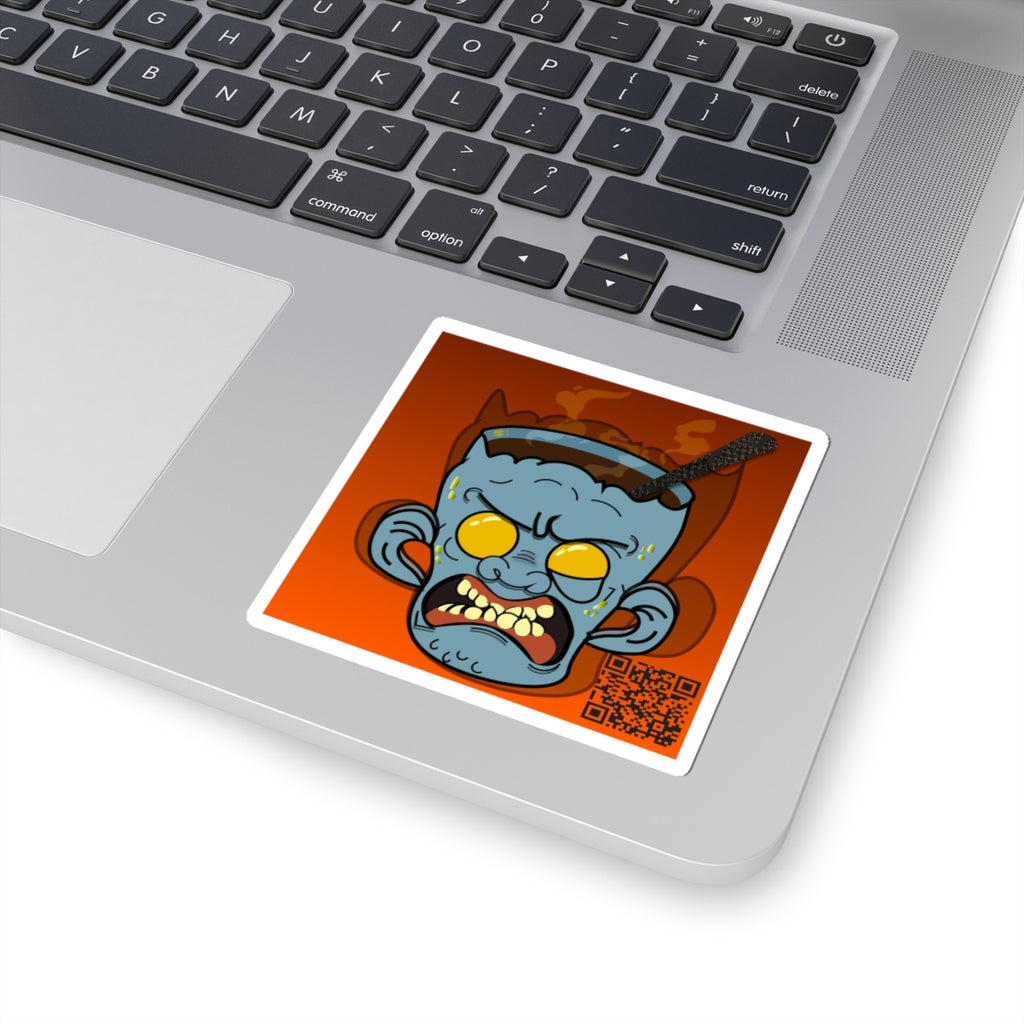 Angry Zombie Head Kiss-Cut Sticker — Horror Cartoon Decal with QR Code