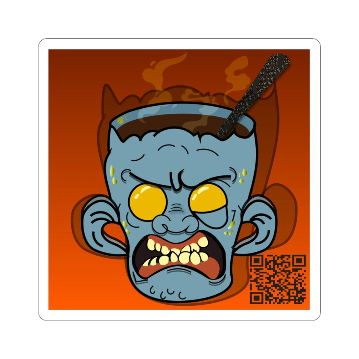 Angry Zombie Head Kiss-Cut Sticker — Horror Cartoon Decal with QR Code